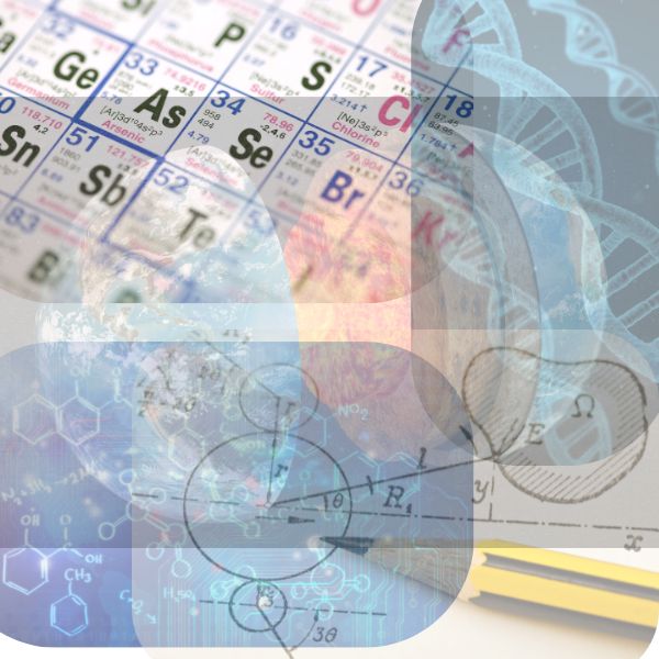 periodic table, string of DNA, map of physics calculation and earths layers separated showing to earth's core.