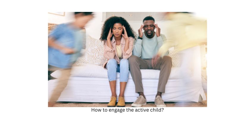 active kids running while parents sit on couch holding their heads.