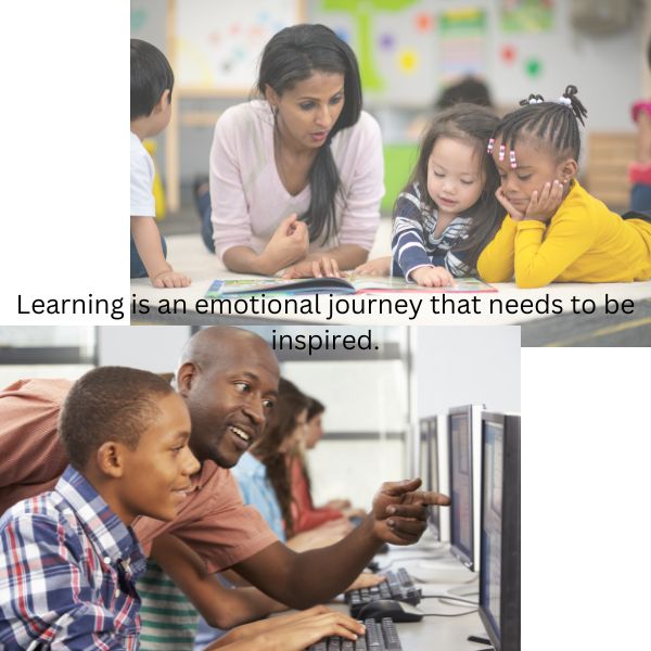 Male teacher showing student information on computer screen. Female teacher reading to two female students.