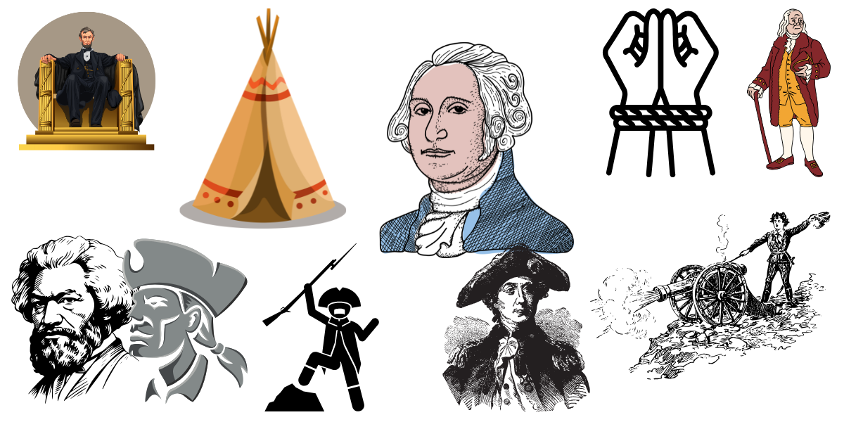 graphics of George Washington, tepee, 2 hands in chains, revolutionary soldier holding up bayonet gun.