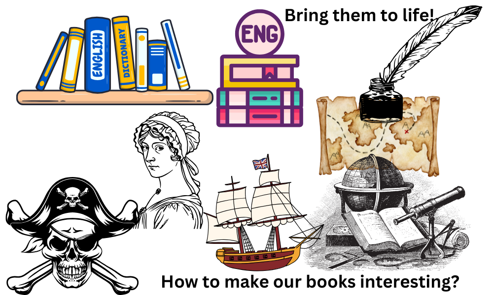 Sailboat, books on bookshelf, inkhorn and feather pen, open book with telescope and woman's profile, and pirate skull.