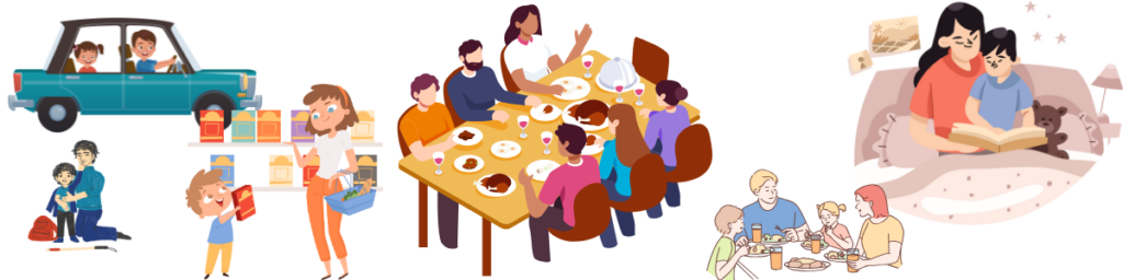 graphics of families eating together at table and driving together